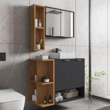 Imagem de Conjunto Gabinete e Espelheira Rennes Preto Fosco Naturalle  - CasaH