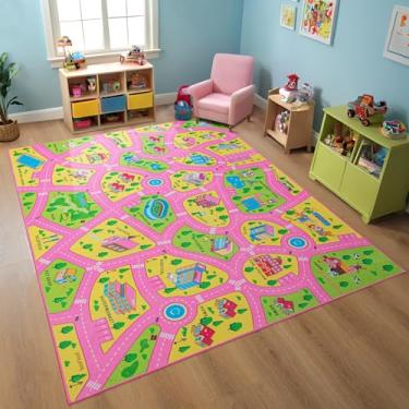 Imagem de OHWPEAT Tapete educativo infantil educativo rosa com mapa da cidade, tapete antiderrapante retangular de 1,5 x 2,8 m para sala de jogos de 3 a 12 anos