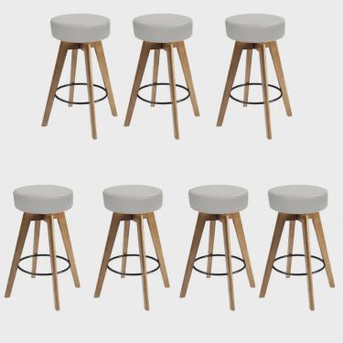 Imagem de Kit 07 Banqueta Alta Redonda Giratória Elsa Madeira Balcão Bistrô Cozinha Corino Bege - Ahz Móveis