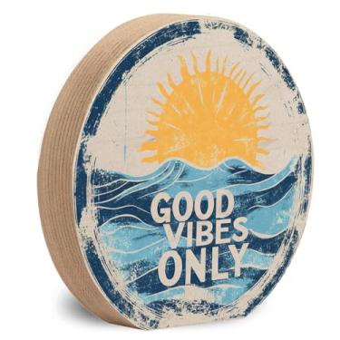 Imagem de AVERLUWOWOOD Placa Good Vibes Only Para Decoração De Quarto Fofo - Bloco Madeira Robusta Casa Praia Praiano Estética No Lago Mesa Parede Com Afirmações Positivas Tamanho: 14 Cm L X A 2,5 P