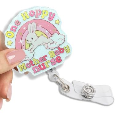 Imagem de Pishovi Carretel de crachá retrátil One Hoppy Mother Baby Nurse com clipe, porta-crachá de coelho engraçado para enfermeira obstetra pediátrica, obstetrícia e obstetra, presentes de Páscoa para