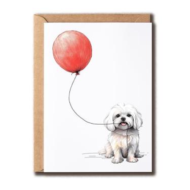 Imagem de MABSDesigns Cartão de terrier maltês com balão - terrier maltês fofo - amante de cães - cartão de aniversário de cachorro - mãe de animal de estimação - presente para amigo da família - adorável