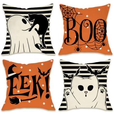 Imagem de Fahrendom Capas de almofada decorativas fantasma assustador de Halloween 45,7 x 45,7 cm, conjunto de 4, EEK Boo gato preto morcegos teia de aranha para varanda externa, capa de almofada de sofá com