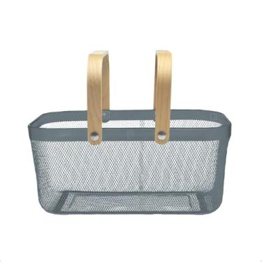 Imagem de Cesto Organizador Multiuso Retangular Metal Aramado Telado com Alça Dupla de Madeira Caixa Decorativa Fruteira Piquenique Brinquedos Cozinha Livros (Cinza)