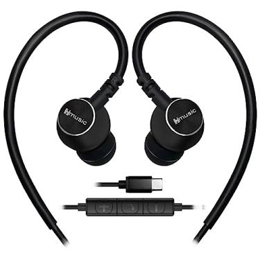 Imagem de Hmusic Fones de ouvido esportivos com fio com microfone, tampões de ouvido intra-auriculares USB tipo C com gancho para esportes, corrida, treino, academia, academia (preto)