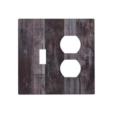 Imagem de OILbiexn Capas de tomada decorativas com placa de madeira marrom cinza vintage design de placa de parede de 2 gangues placa de parede interruptor de luz dupla interruptor de luz para casa de fazenda
