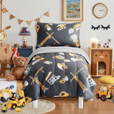 Imagem de Conjunto de cama infantil de construção de 4 peças para meninos, veículo de engenharia amarelo, com escavadeira, caminhão e guindaste, cama infantil fofa em uma bolsa com jogo de lençol e fronhas -