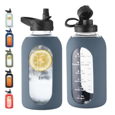 Imagem de CIVAGO Garrafa de água de vidro de 1,8 l com canudo e alça, garrafa de água motivacional esportiva de 1,8 litro com marcador de tempo, cantil de água de boca larga com manga de silicone para academia