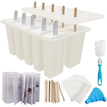 Imagem de Miaowoof Moldes caseiros de picolé, máquina de picolé de silicone sem BPA, com 50 palitos, 50 sacos, 10 palitos reutilizáveis, funil, pincel e receita de picolé (branco)