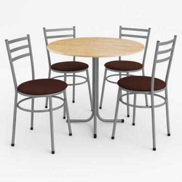 Imagem de Mesa de Jantar Redonda 80cm Pinus Com 4 Cadeiras Estofada Cinza - Lama