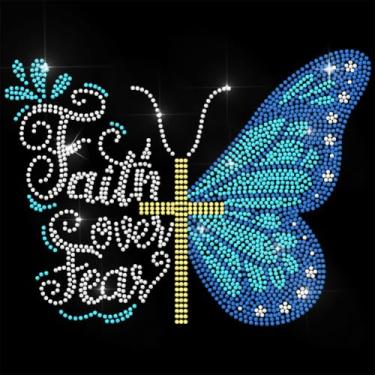 Imagem de ANATTASOUL Aplique de strass azul com strass para transferência borboleta e cruz diamante Hotfix para roupas, 29,5 cm x 20,8 cm grande aplique de lantejoulas para jeans, jaqueta, bonés, camisetas