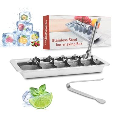 Imagem de Bandejas de cubos de gelo de aço inoxidável para freezer, bandeja de cubo de gelo de metal com 18 compartimentos de inspiração vintage com bandejas removíveis, alça de fácil liberação, pode ser lavada