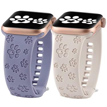 Imagem de Pacote com 2 pulseiras de silicone gravadas com estampa animal compatível com Apple Watch séries 9, 8, 7, 6, 5, 4, 3, 2, 1 e SE, de 40 mm, 38 mm, 41 mm, estampa fofa, macia, à prova d'água, para iWatch séries 9, 8, 7, 6, 5, 4, 3, 2, 1 e SE (38/40/41 mm, pata de cachorro, azul claro)