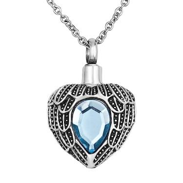 Imagem de MiiFort Colar de urna de pedra do mês de nascimento azul com asa de anjo para cinzas, pingente de joia memorial de cremação, família, pai, mãe, avô, irmã, irmão, melhor amigo, amado, aço inoxidável
