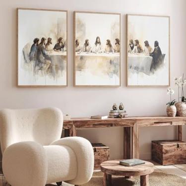 Imagem de A Última Ceia Arte de Parede 3 Peças Decoração de Parede Cristã Escritura Jesus Imagens para Sala de Estar Cartazes Religiosos Cristãos para Sala de Jantar Versículo Bíblico Arte Impressões em Tela