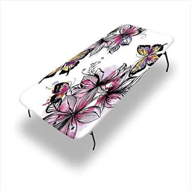 Imagem de Toalha de mesa floral ajustada ao ar livre, buquês de botânica de flores com borboletas coloridas, estampa aquarela, 76 x 213 cm, capa de mesa para mesa dobrável de 2 metros, rosa e preto