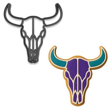 Imagem de Conjunto de cortador de biscoito e carimbo de caveira de gado ocidental – 10 x 9,9 cm, design rústico cowboy longhorn (cor aleatória)