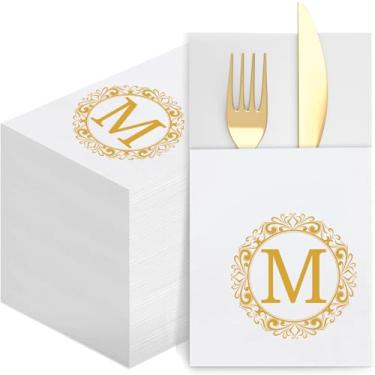 Imagem de CHIVENIDO Guardanapos Descartáveis Com Monograma E Bolso, Pacote 50 Toalhas De Papel Iniciais Douradas Para Convidados, Casamento, Chá Panela, Festa Aniversário, Decoração Mesa (M)
