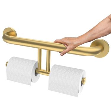 Imagem de Barra de apoio dourada escovada para banheiro de 43 cm, corrimão de segurança 2 em 1 de aço inoxidável Zepolu com suporte duplo de papel higiênico, alça de suporte equilibrada montada na parede para