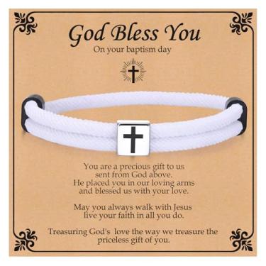 Imagem de TempBeau Pulseira trançada de corda cruzada para homens, meninos, meninas, ajustável, feita à mão, cristã, Páscoa, Natal, batismo, dia dos namorados, presentes de comunhão para meninos, filhos,