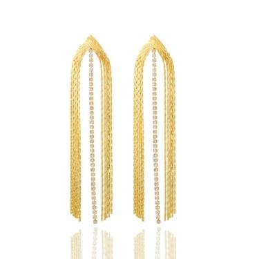 Imagem de Brincos pendentes de borla longa com corrente de ouro, brincos modernos de strass, franja, joia geométrica com borla para mulheres, presentes de casamento, Normal, Metal, Sem pedra preciosa