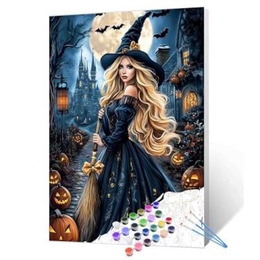 Imagem de Tucocoo Pintura de vassoura de bruxa por números para adultos noite de Halloween DIY pintura a óleo tintas acrílicas linda arte de bruxa artesanato para decoração de parede de casa imagens 40,6 cm x
