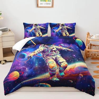 Imagem de AILONEN Conjunto de edredom Queen com desenho animado de astronauta, temática do espaço sideral, galáxia, astronauta, para meninos e crianças, planetas sonhadores, edredom macio com 2 fronhas, 3 peças