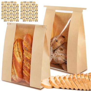 Imagem de GOFOWRK 100 sacos grandes de pão Kraft para pão caseiro, sacos de pão de massa fermentada de 35,5 x 21 x 9 cm com trava de aba de gravata de lata e janela frontal transparente, sacos de padaria de