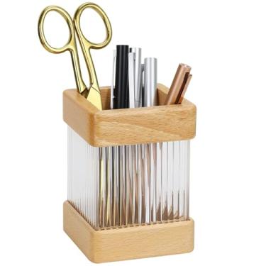 Imagem de MultiBey Porta-lápis de madeira de faia, suporte de caneta de madeira acrílica transparente, organizador de copos de caneta moderno, organizador de acessórios de mesa de madeira para escola