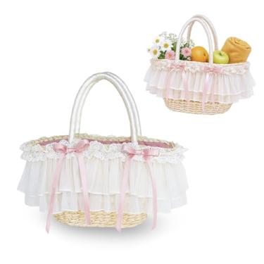Imagem de Cesta de vime tecida à mão com camada dupla de chiffon, vime com alça de fita de seda para dama de honra, bolsa vazia elegante de piquenique para a família, itens essenciais para a lista do bebê para