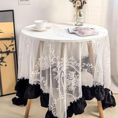 Imagem de Toalha de mesa quadrada pequena de renda branca bordada vintage toalha de mesa chique com borda preta de babados mesa de centro redonda para casamento, chá de bebê, decoração de casa 91 x 91 cm