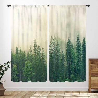 Imagem de Cortinas de floresta verde, floresta enevoada, paisagem natural, cenário de pinheiro, montanha, cortinas, para sala de estar, quarto, banheiro, 2 painéis, 106 x 113 cm