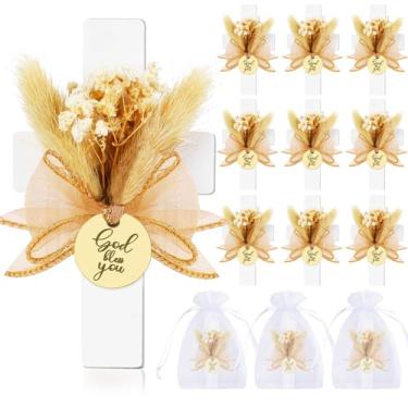 Imagem de 12 conjuntos de lembrancinhas de festa de batismo para convidados de primeira comunhão, ímã de batismo de cruz de madeira com flores para festa de chá de bebê Bless, presente de batismo, revelação de