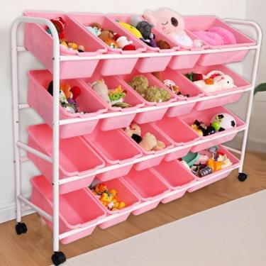 Imagem de Organizador de brinquedos, rack de armazenamento de brinquedos de metal multiuso de 4 camadas com 20 caixas pequenas removíveis de plástico para sala de jogos escolar, berçário, quarto de crianças