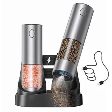 Imagem de Conjunto de moedor elétrico de sal e pimenta com base de carregamento USB, grande capacidade de 95 ml, grossura ajustável, conjunto de moedor de pimenta automático de aço inoxidável atualizado com