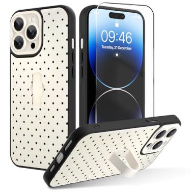 Imagem de OOK Capa para iPhone 14 Pro Max com protetor de tela, linda capa de telefone de bolinhas com alça de dedo ajustável, proteção total para mulheres e meninas - branca