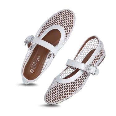 Imagem de EMMA NEW YORK Sapatilhas femininas de malha – Sapatilhas arrastão Mary Jane com alça de fivela ajustável, sapatos de bailarina respiráveis e elegantes, Branco, 41