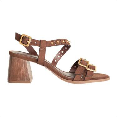 Imagem de Sandália Dm Camurça Salto Bloco Tachas Marrom, Camurca terra, 35