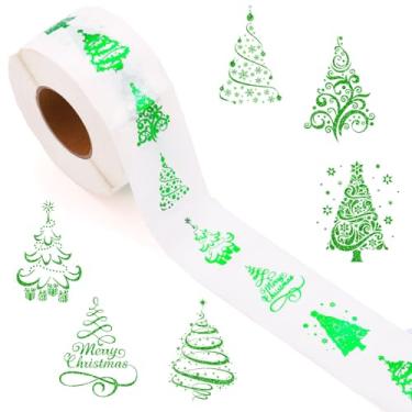 Imagem de JarThenaAMCS 1000 pçs adesivos transparentes de árvore de Natal rolo de folha verde adesivos de selo de árvore de Natal decalques de etiqueta autoadesiva para decoração de presente de envelope de