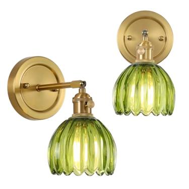 Imagem de OURIFU Arandelas de parede vintage conjunto de 2 arandelas de parede com fio lâmpada de montagem de parede interna com sombra de vidro tulipa 180° luz de parede arte vitoriana ajustável com