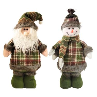 Imagem de Jogo Papai Noel e Boneco de Neve Decorativo Natal Pé Pelúcia Xadrez Verde Cachecol e Gorro Crochê 40cm