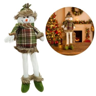 Imagem de Boneco de Neve Decorativo Natal em Pelúcia Sentado Perna Mole Xadrez Verde e Branco Cachecol Crochê 40cm