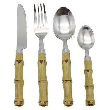 Imagem de Faqueiro 24 Peças Inox Com Cabo Plástico Bambu Caixa Madeira