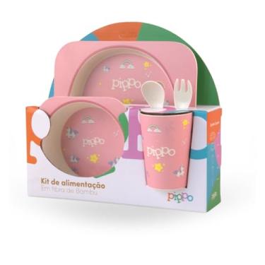 Imagem de Kit Alimentação Prato Tijela Garfo Colher e Copo Infantil Bebe 5 Peças Em Fibra De Bambu Sem BPA | Pippo (Unicórnio)