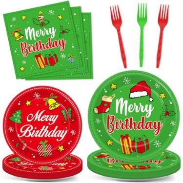 Imagem de 96 peças de decoração de festa de Natal de feliz aniversário, kits de utensílios de mesa de festa de gnomo verde, pratos e guardanapos para festas de Natal, pratos de papel descartáveis para decoração
