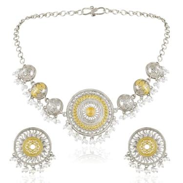 Imagem de Aheli Conjunto de brincos de colar étnico banhado a ouro prata oxidado Lariya joias modernas para mulheres