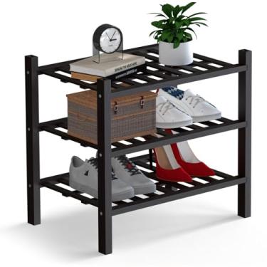 Imagem de Haddockway Pequeno organizador de armazenamento de sapatos de bambu de 3 níveis, prateleira empilhável multifuncional com painel de grade para armário, corredor, entrada, espaço pequeno 46 x 28 x 43
