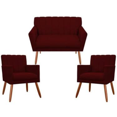 Imagem de Kit Namoradeira + 2 Poltronas Decorativa Cecília Suede Marsala Pés Mad
