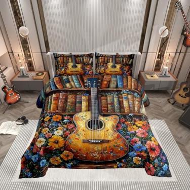 Imagem de Conjunto de edredom infantil de guitarra, temática de música de fazenda, flores rústicas do campo para meninos e meninas, capa de edredom vintage com 1 fronha