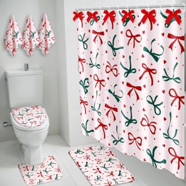 Imagem de Fanfanwin Conjunto de 7 peças de cortina de chuveiro de Natal com cortina de chuveiro, tapetes antiderrapantes, tampa de vaso sanitário, tapete de banho, 3 toalhas, laços vermelhos e ganchos, conjunto